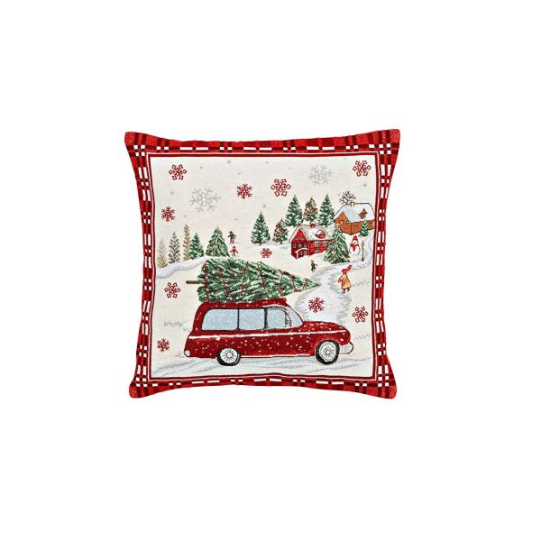 Kissenbezug Weihnachtsauto, aus Textil, Beige/Rot, mit Reißverschluss