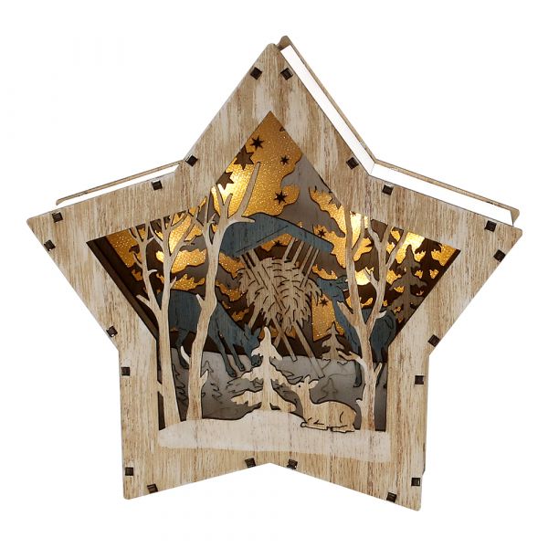 SIGRO Holz Stern "Waldmotiv" mit Rehen und Futterkrippe, mit LED Beleuchtung, Batteriebetrieb